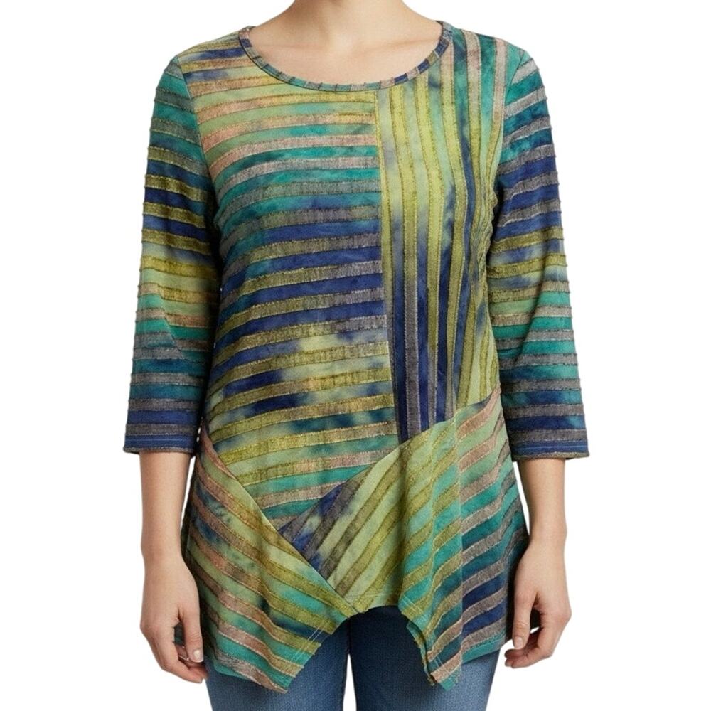 Shana Sz Small Wearable Art to Wear Green Purple Tropical Blouse Shirt Top